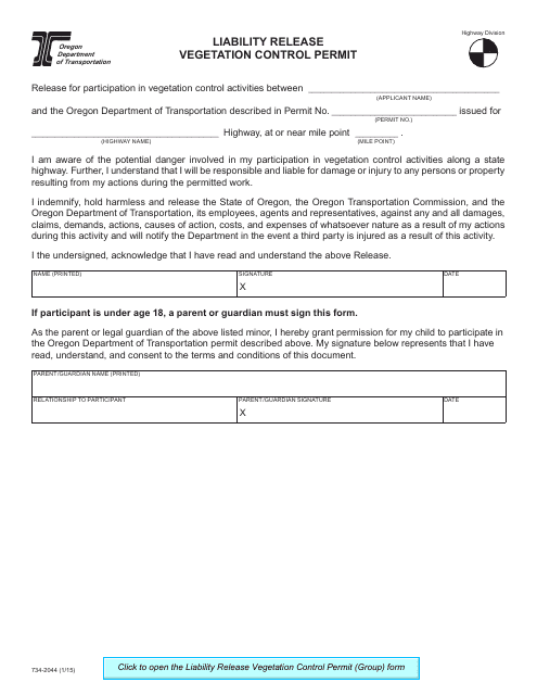 Form 734-2044 Liability Release Vegetation Control Permit - Oregon