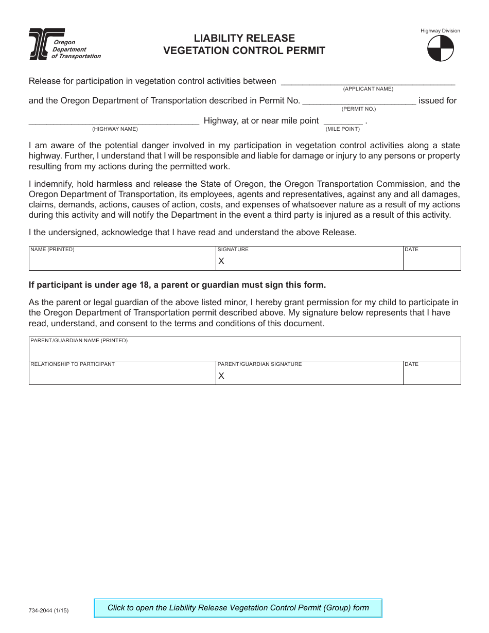 Form 734-2044 Liability Release Vegetation Control Permit - Oregon, Page 1