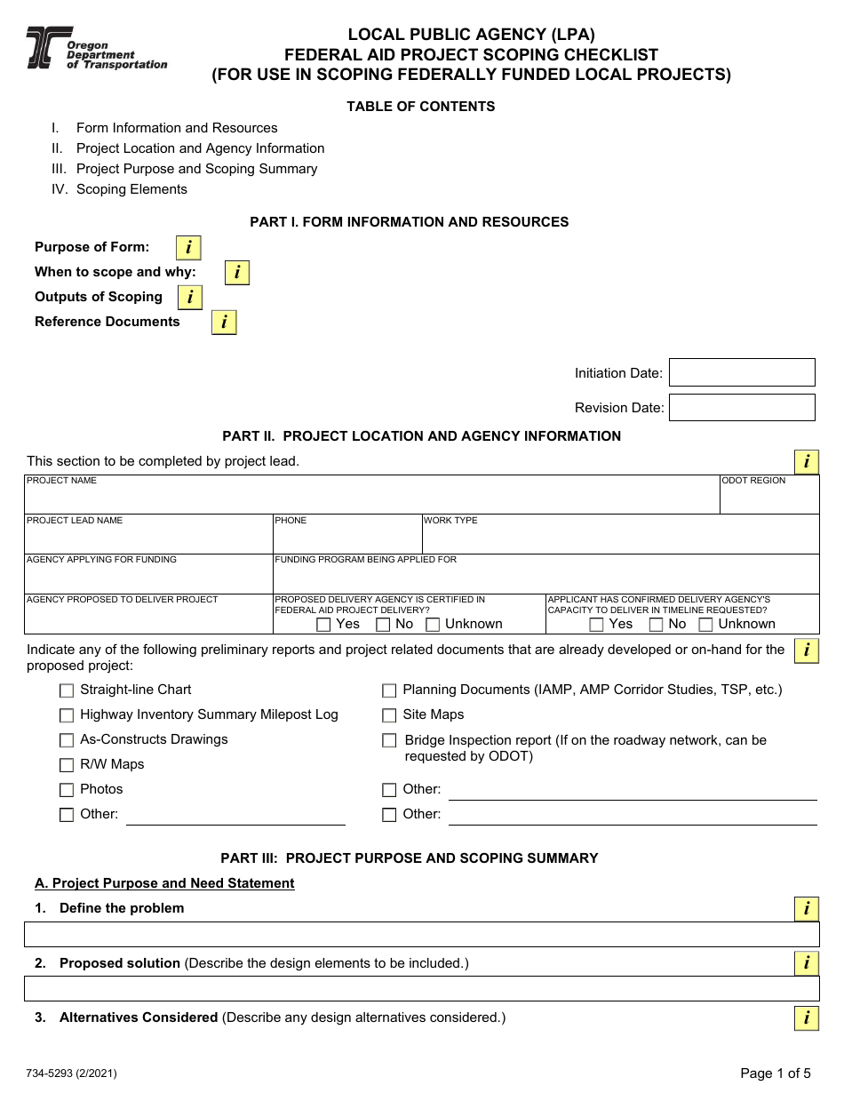 Form 734-5293 Local Public Agency (Lpa) Federal Aid Project Scoping Checklist - Oregon, Page 1