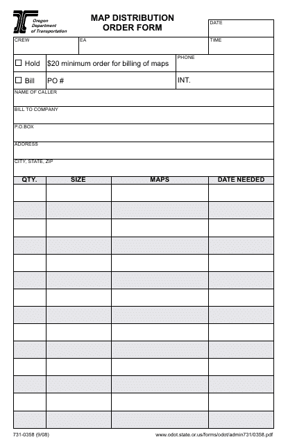 Form 731-0358 Map Distribution Order Form - Oregon