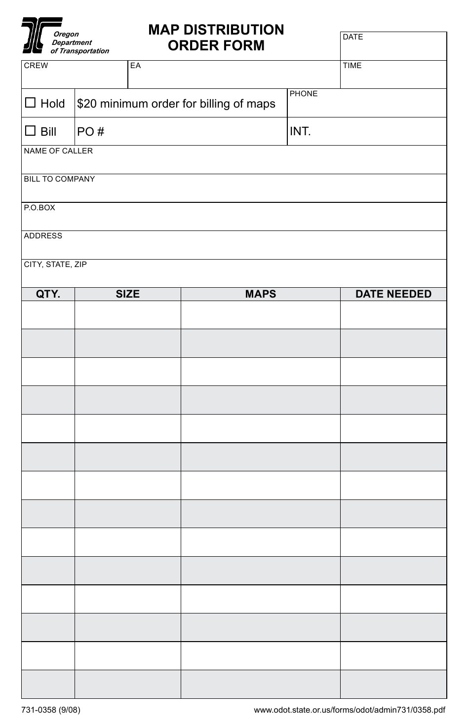 Form 731-0358 Map Distribution Order Form - Oregon, Page 1