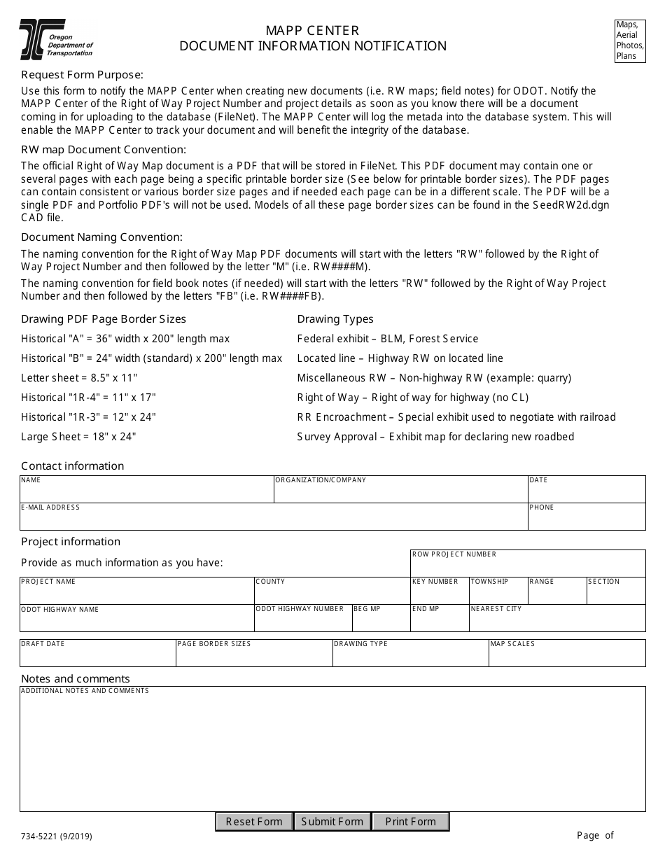 Form 734-5221 Mapp Center Document Information Notification - Oregon, Page 1