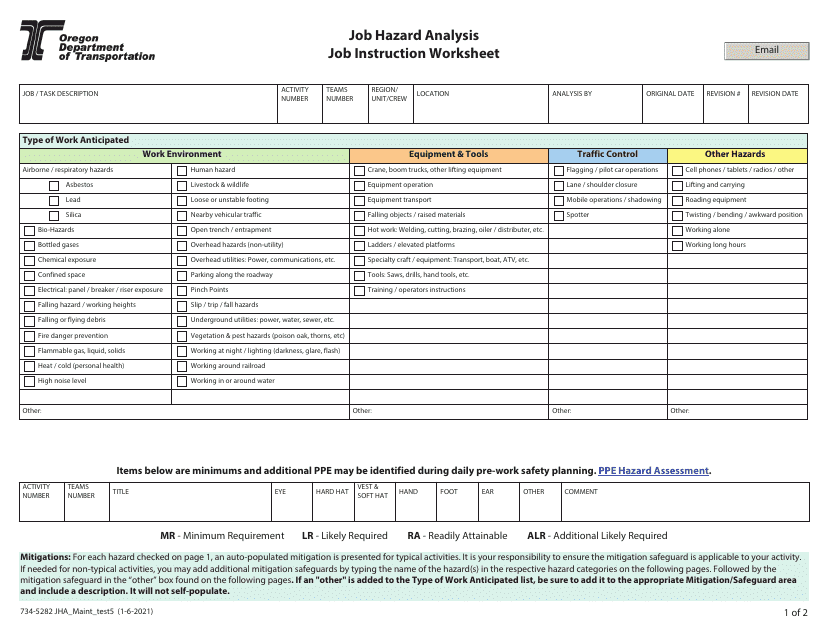 Form 734-5282 Job Hazard Analysis - Job Instruction Worksheet - Oregon
