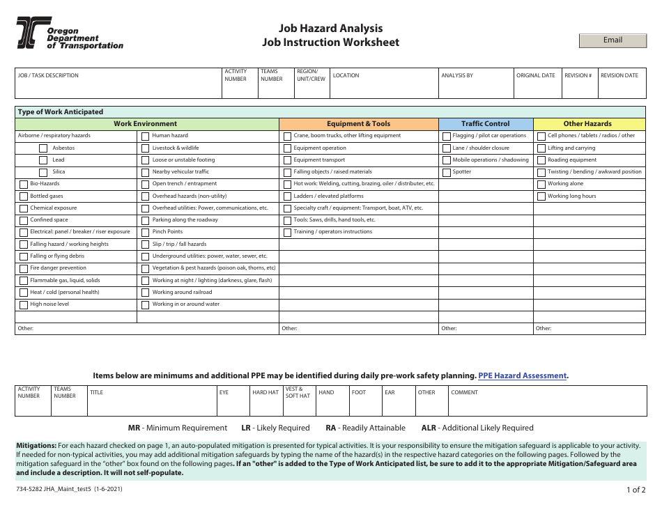 Form 734-5282 Job Hazard Analysis - Job Instruction Worksheet - Oregon, Page 1