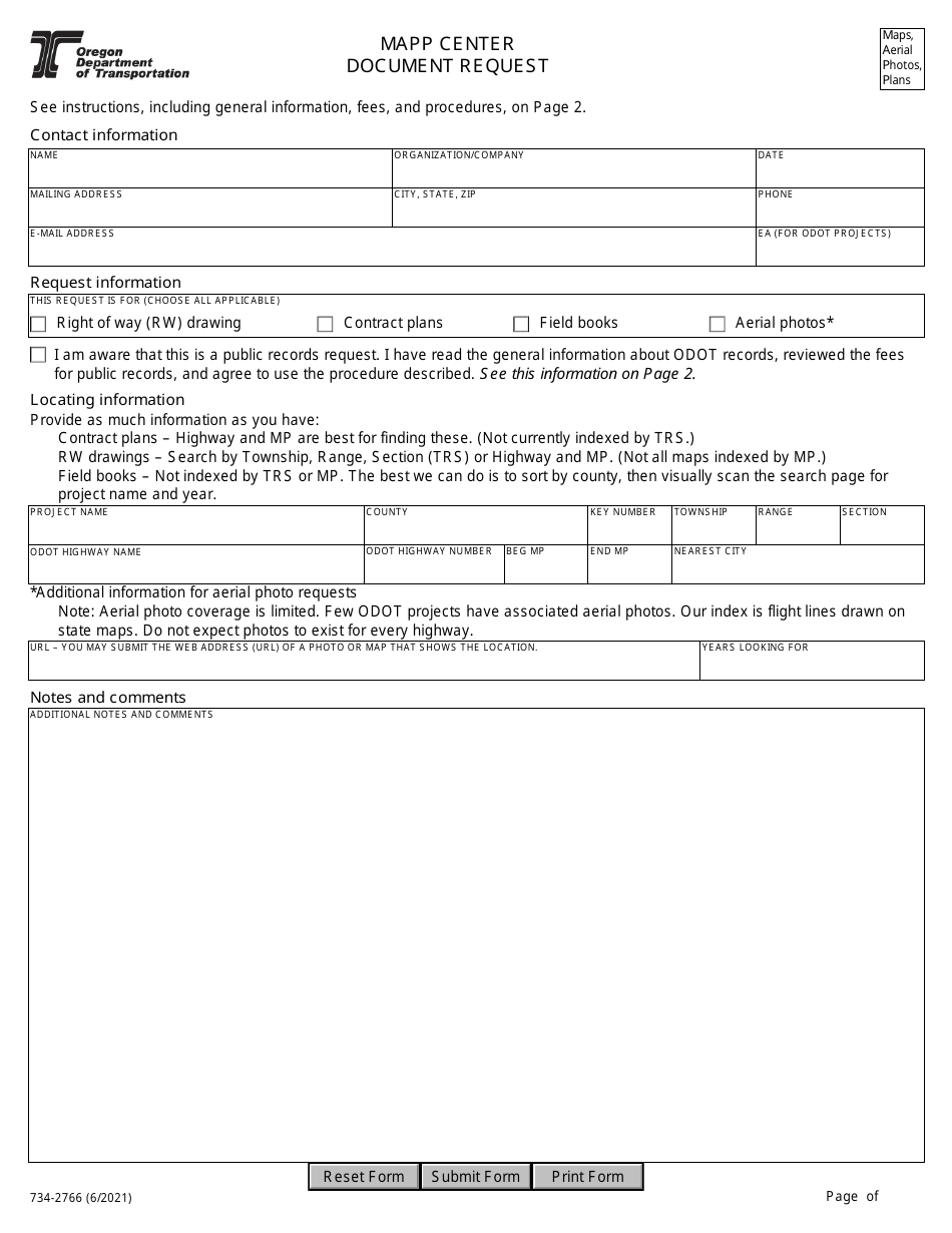 Form 734-2766 Mapp Center Document Request - Oregon, Page 1