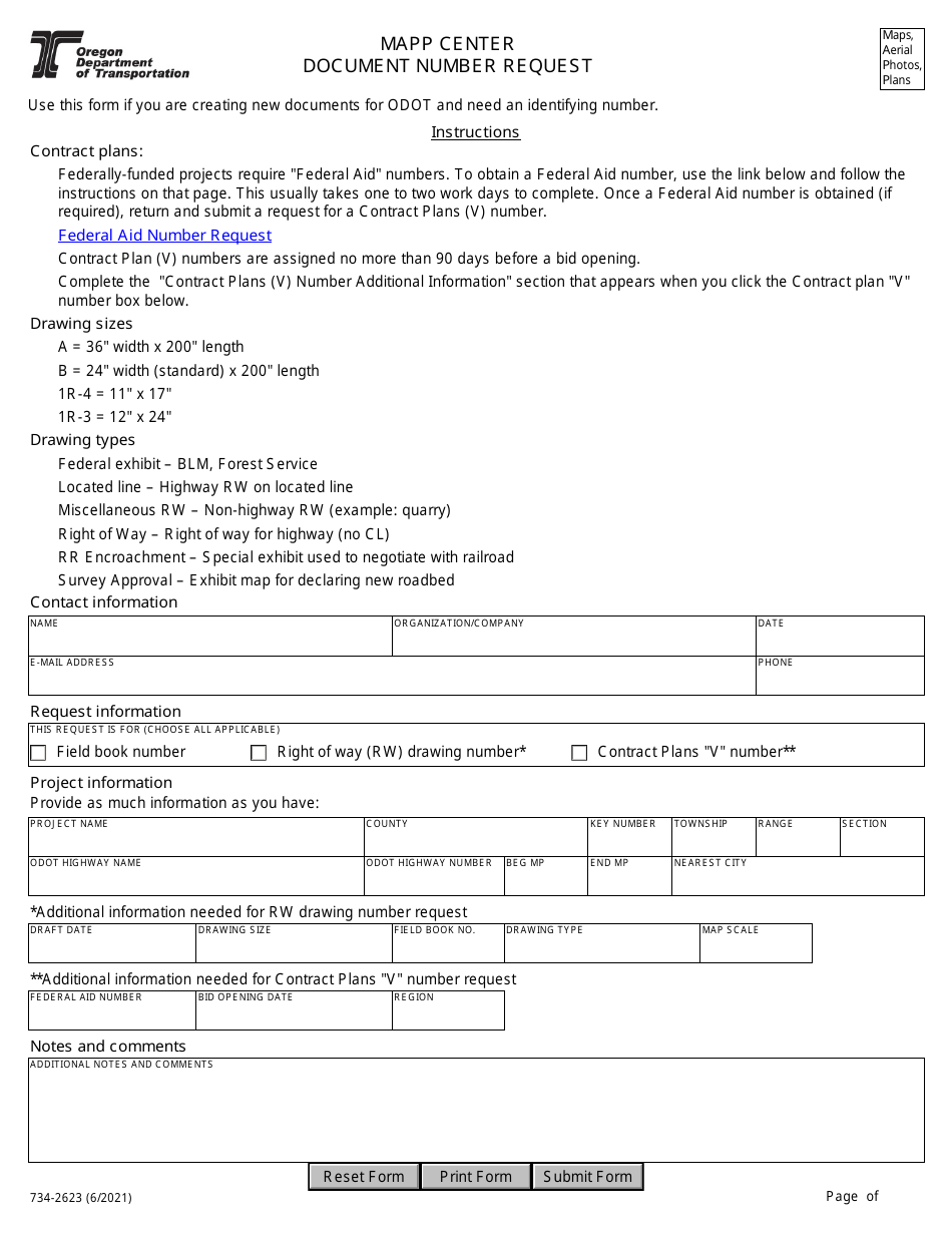 Form 734-2623 Mapp Center Document Number Request - Oregon, Page 1