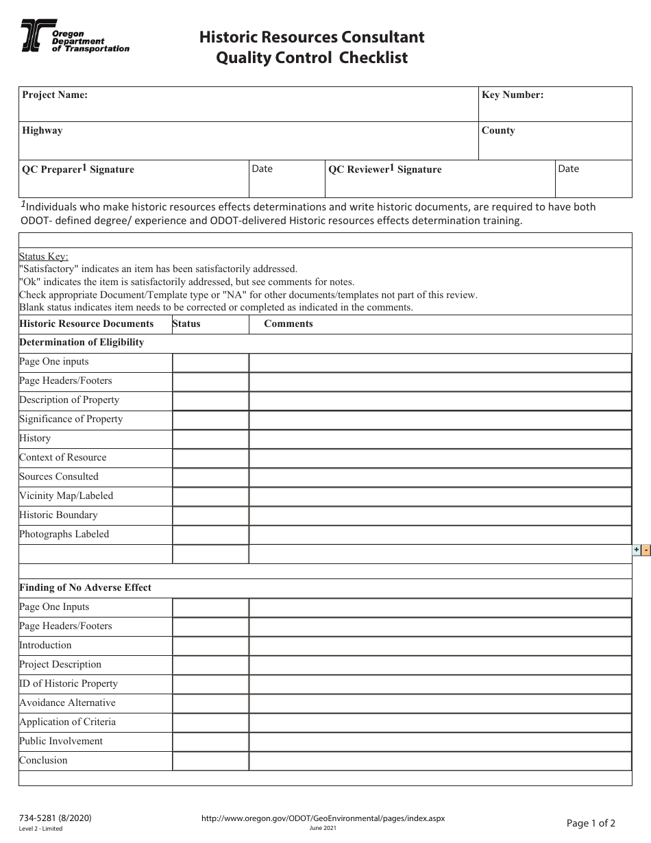 Form 734-5281 Historic Resources Consultant Quality Control Checklist - Oregon, Page 1