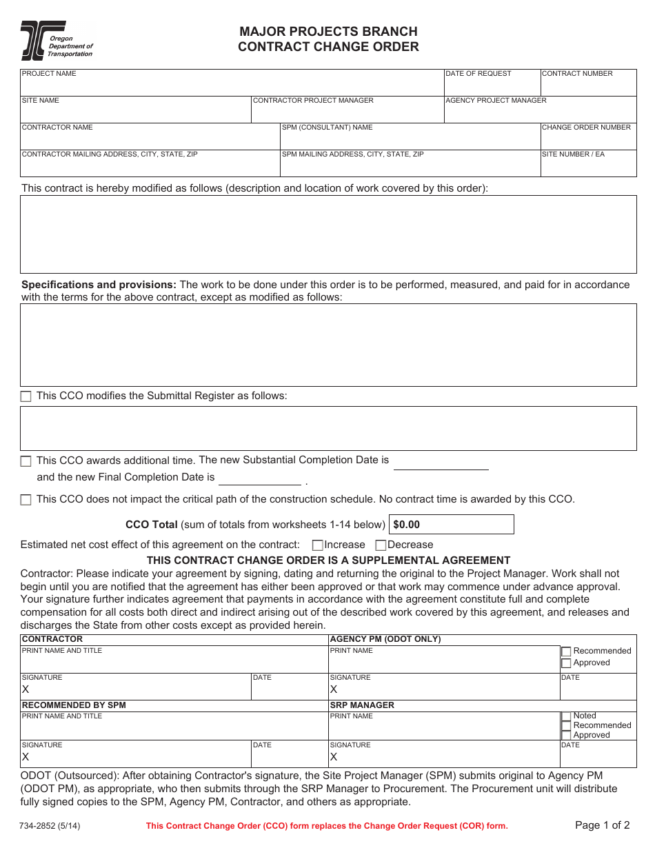 Form 734-2852 Major Projects Branch Contract Change Order - Oregon, Page 1