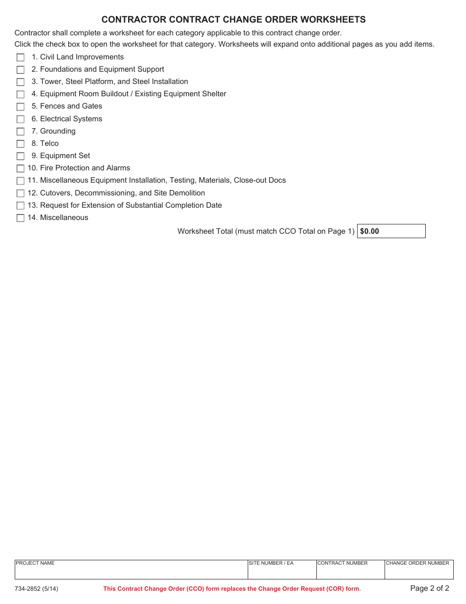 Form 734-2852 Major Projects Branch Contract Change Order - Oregon, Page 2