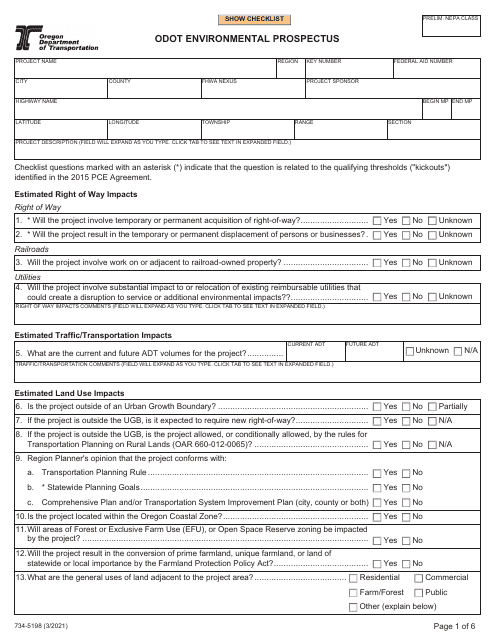 Form 734-5198 Odot Environmental Prospectus - Oregon