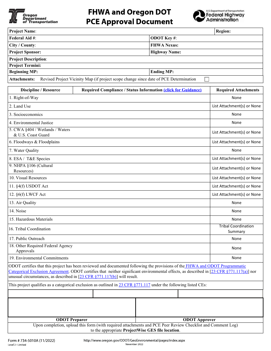 Form 734-5010A Fhwa and Oregon Dot Pce Approval Document - Oregon, Page 1