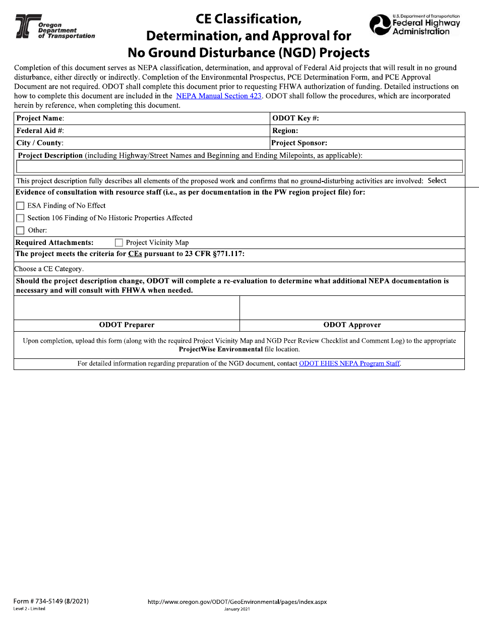 Form 734-5149 Ce Classification, Determination, and Approval for No Ground Disturbance (Ngd) Projects - Oregon, Page 1