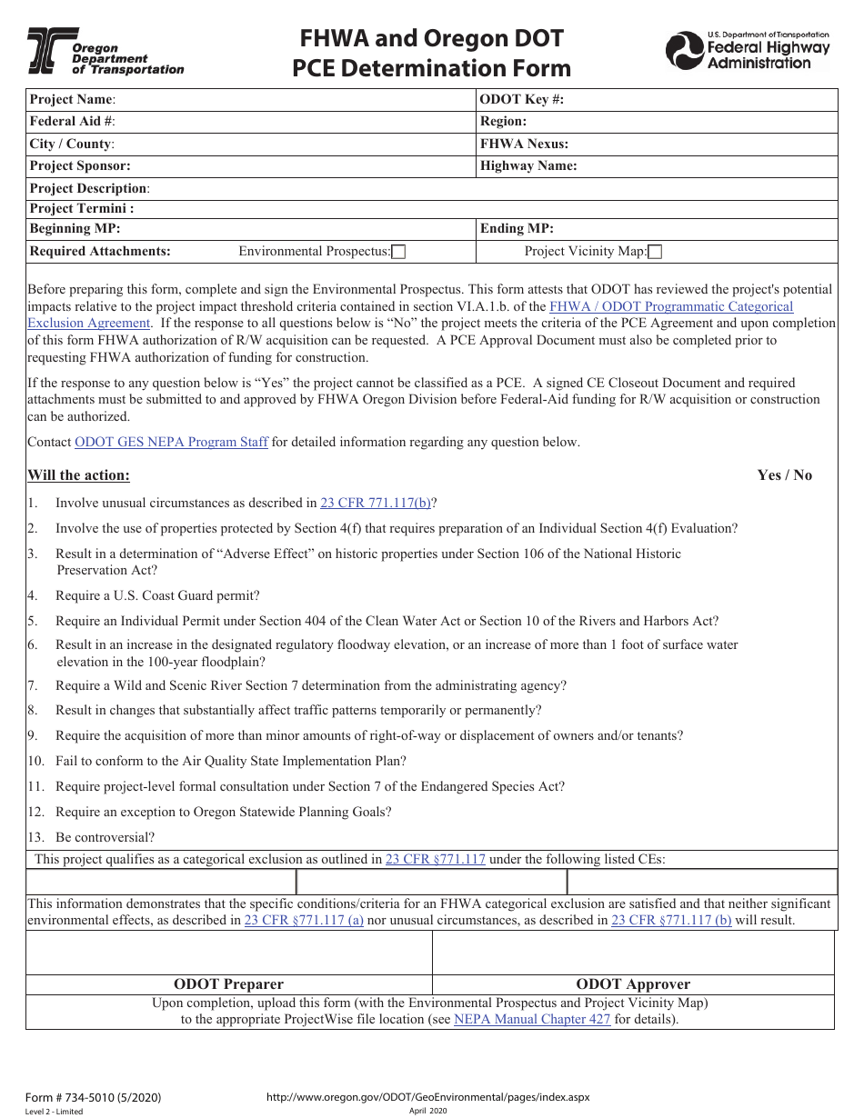 Form 734-5010 Fhwa and Oregon Dot Pce Determination Form - Oregon, Page 1