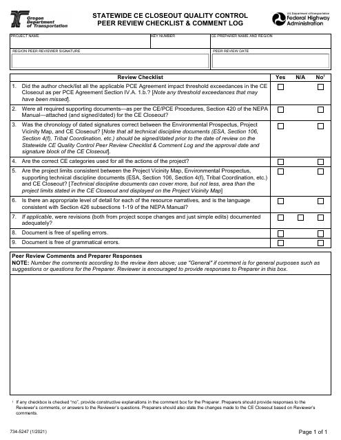 Form 734-5247 Statewide Ce Closeout Quality Control Peer Review Checklist & Comment Log - Oregon