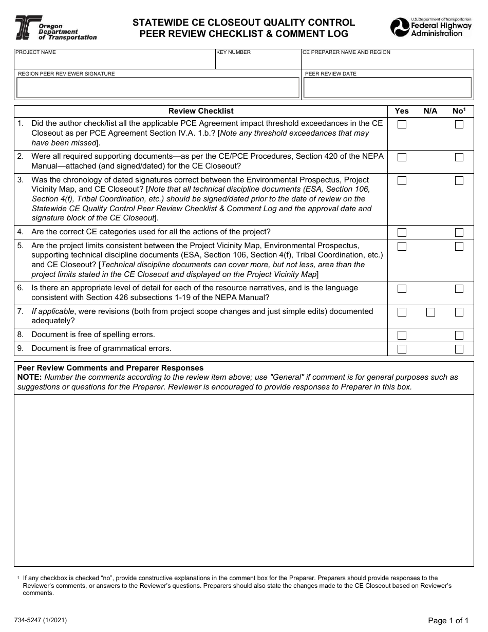Form 734-5247 Statewide Ce Closeout Quality Control Peer Review Checklist  Comment Log - Oregon, Page 1