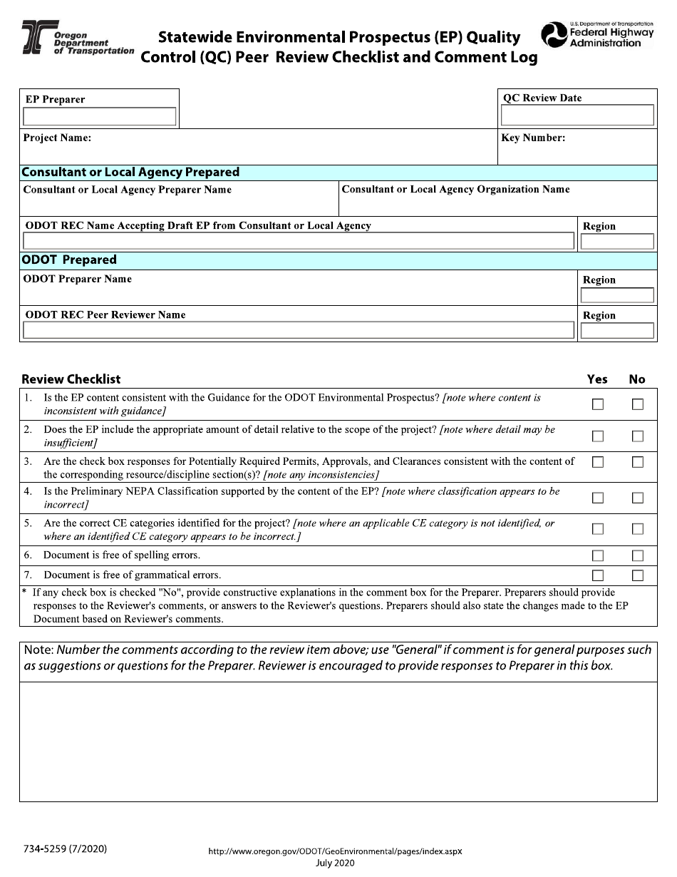 Form 734-5259 Statewide Environmental Prospectus (Ep) Quality Control (Qc) Peer Review Checklist and Comment Log - Oregon, Page 1