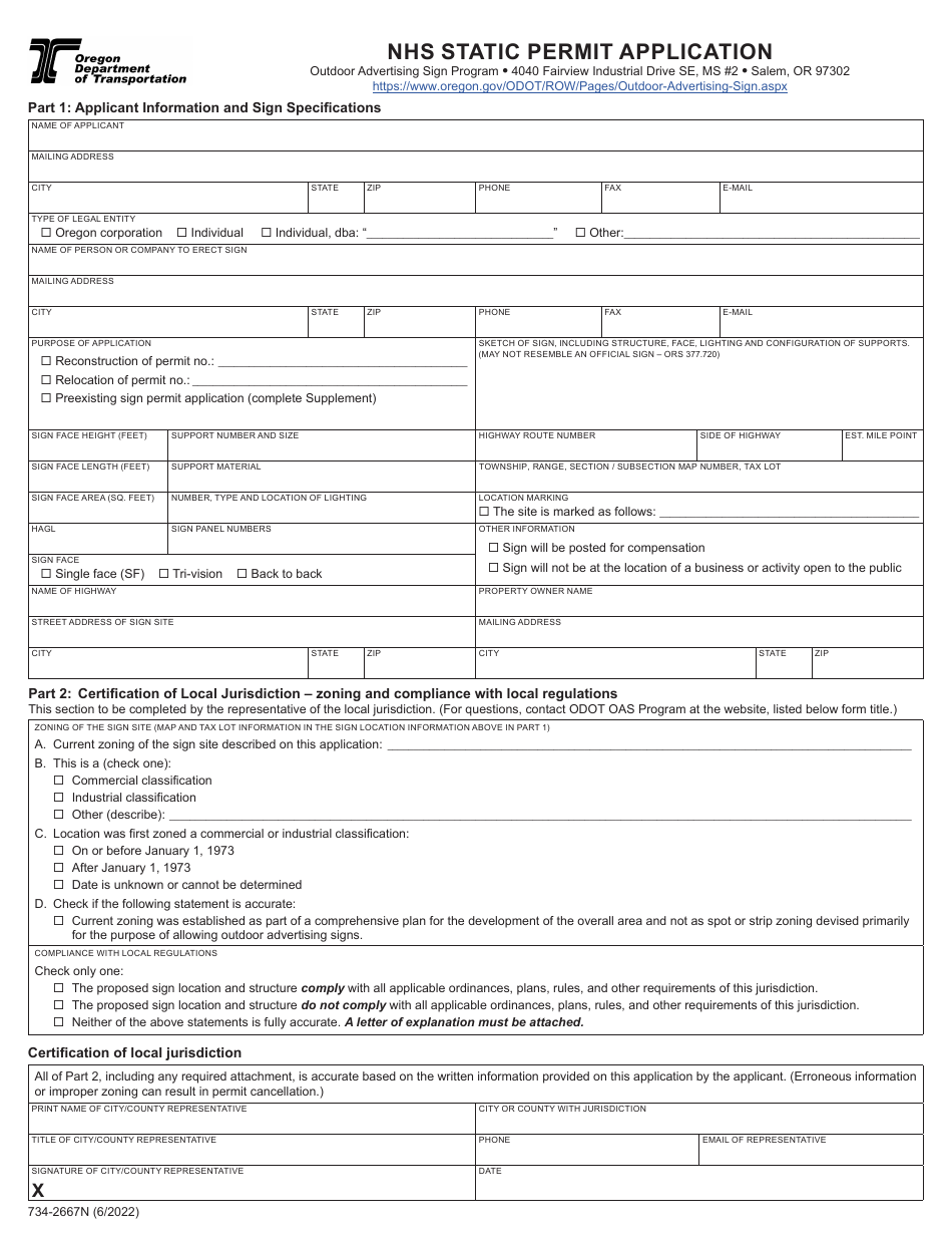 Form 734-2667N Nhs Static Permit Application - Oregon, Page 1