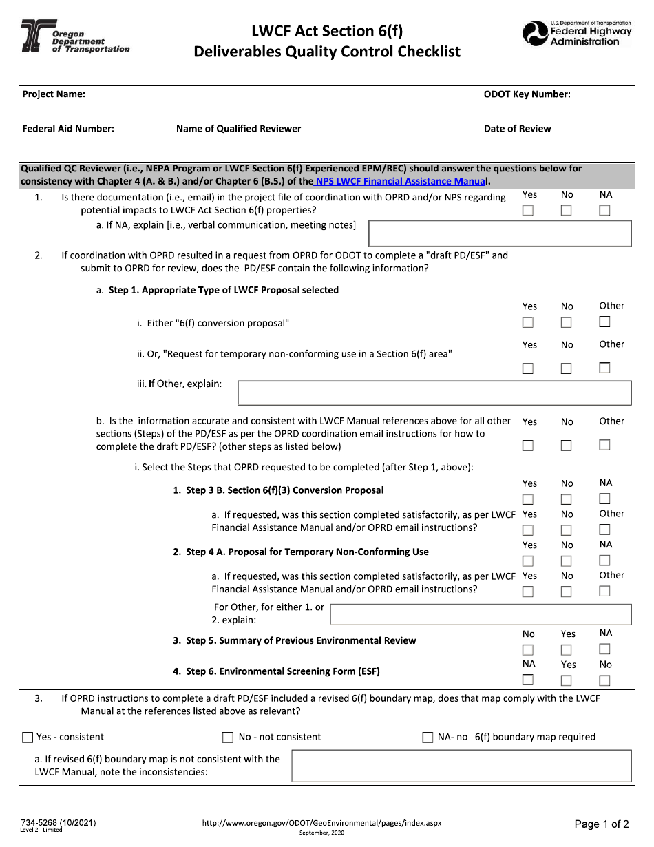 Form 734-5268 Lwcf Act Section 6(F) Deliverables Quality Control Checklist - Oregon, Page 1