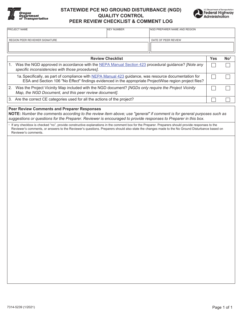 Form 734-5239 Statewide Pce No Ground Disturbance (Ngd) Quality Control Peer Review Checklist  Comment Log - Oregon, Page 1