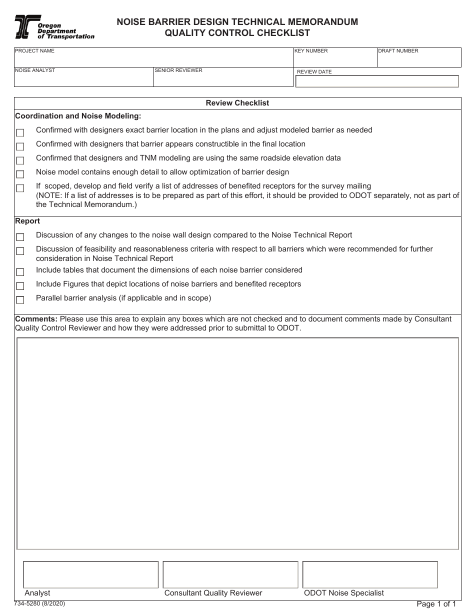 Form 734-5280 Noise Barrier Design Technical Memorandum Quality Control Checklist - Oregon, Page 1