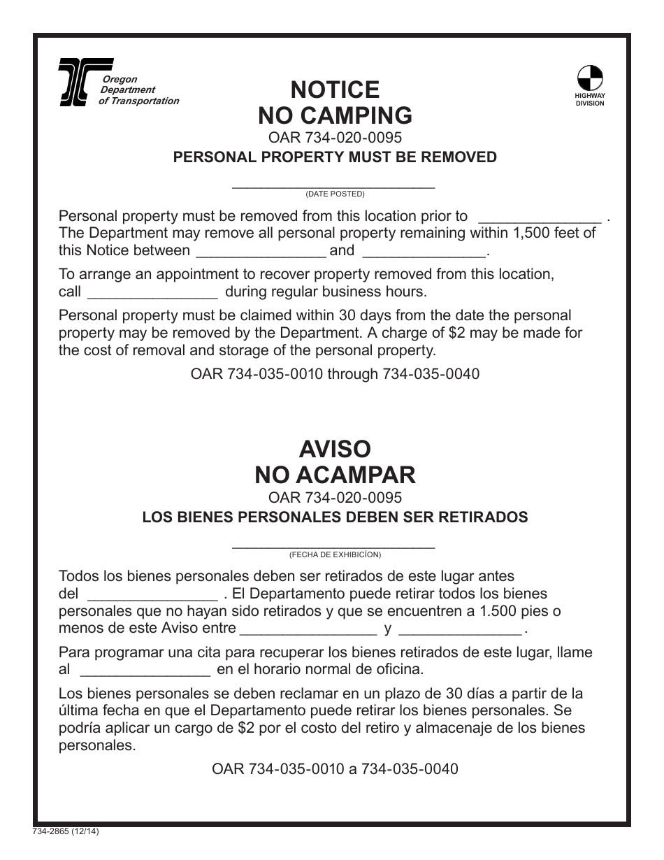 Form 734-2865 Notice No Camping - Oregon (English / Spanish), Page 1