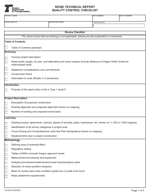 Form 734-5279 Noise Technical Report Quality Control Checklist - Oregon