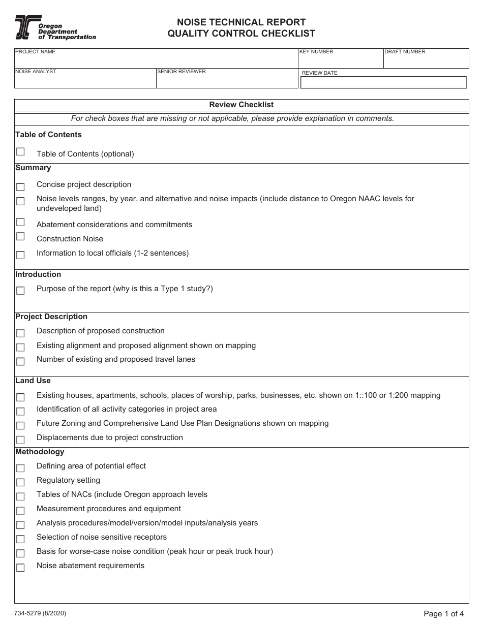 Form 734-5279 Noise Technical Report Quality Control Checklist - Oregon, Page 1