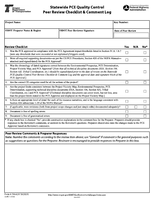 Form 734-5237 Statewide Pce Quality Control Peer Review Checklist & Comment Log - Oregon