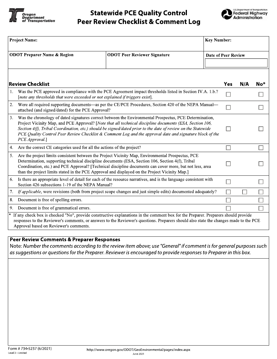 Form 734-5237 Statewide Pce Quality Control Peer Review Checklist  Comment Log - Oregon, Page 1