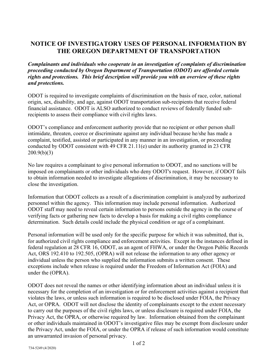 Form 734-5249 Notice of Investigatory Use of Personal Information by the Oregon Department of Transportation - Oregon, Page 1