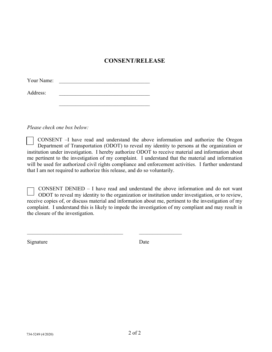 Form 734-5249 Notice of Investigatory Use of Personal Information by the Oregon Department of Transportation - Oregon, Page 2