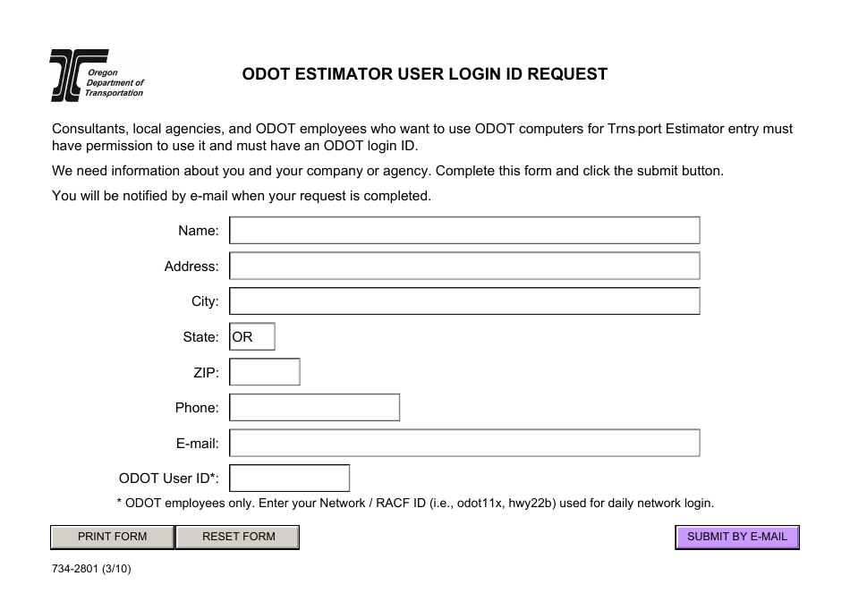 Form 734-2801 Odot Estimator User Login Id Request - Oregon, Page 1