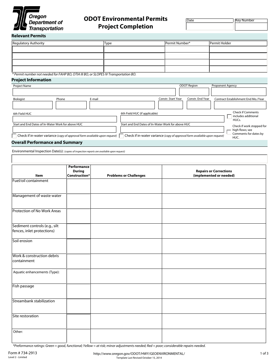 Form 734-2913 Odot Environmental Permits Project Completion - Oregon, Page 1