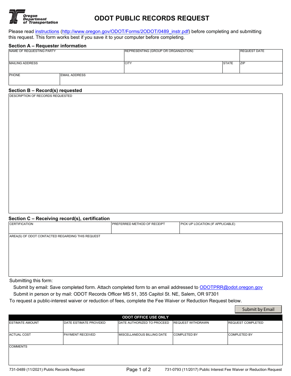 Form 731-0489 Odot Public Records Request - Oregon, Page 1