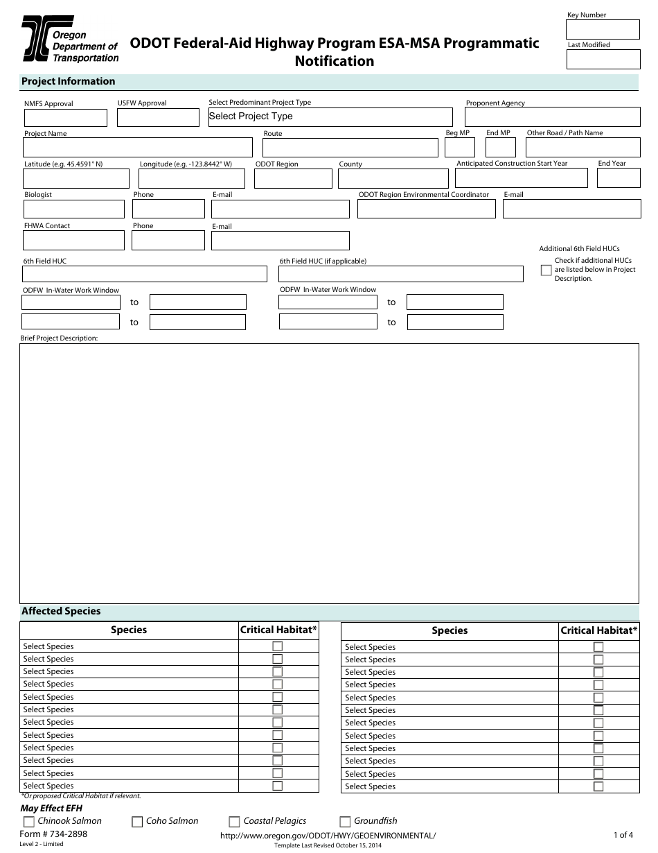 Form 734-2898 Odot Federal-Aid Highway Program Esa-Msa Programmatic Notification - Oregon, Page 1