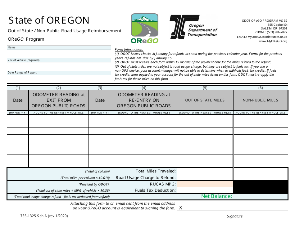 Form 735-1325 Schedule A Orego Program Non-public Road Usage Reimbursement - Oregon, Page 1