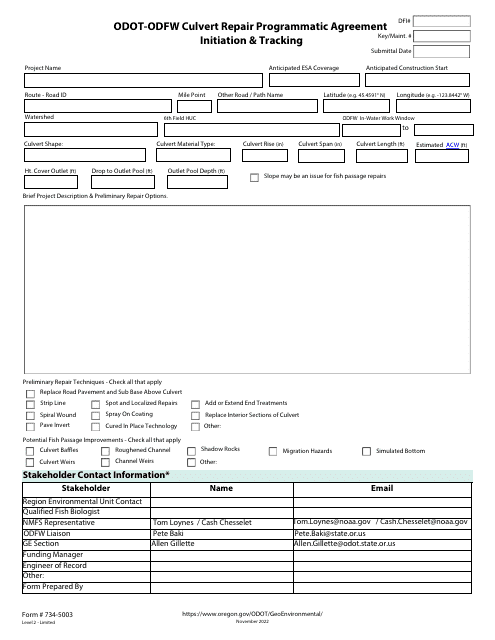 Form 734-5003 Odot-Odfw Culvert Repair Programmatic Agreement - Initiation & Tracking - Oregon