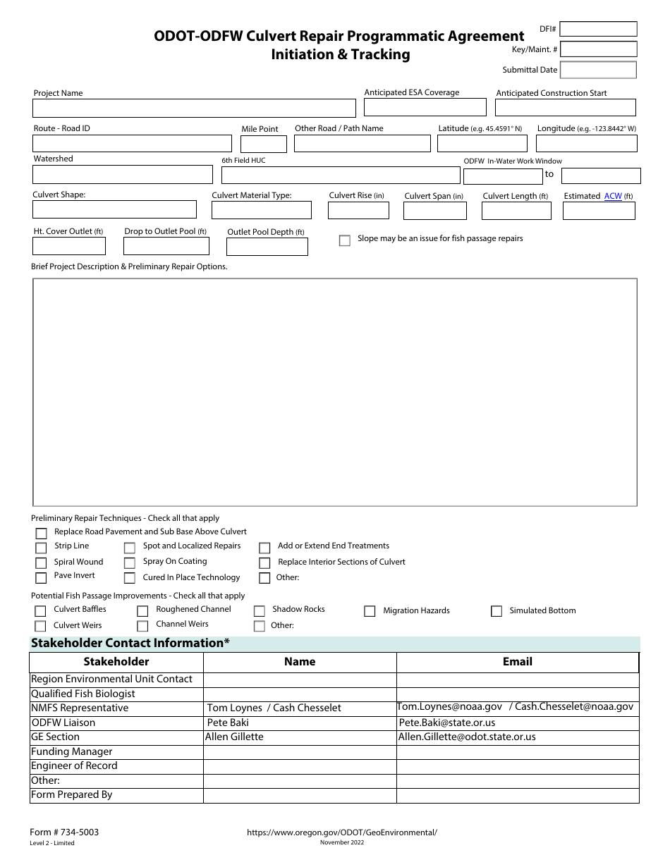 Form 734-5003 Odot-Odfw Culvert Repair Programmatic Agreement - Initiation  Tracking - Oregon, Page 1