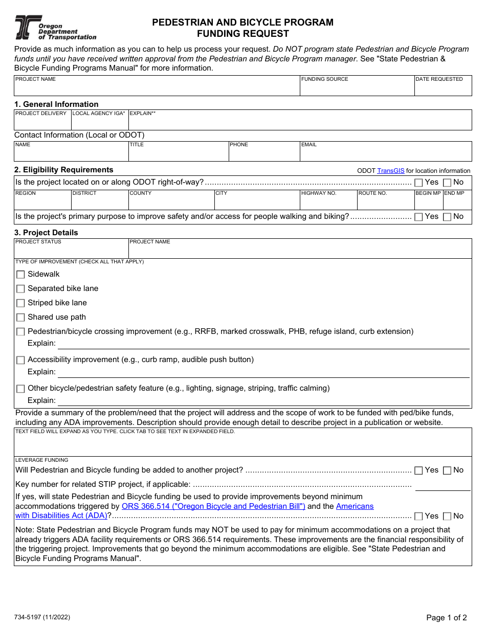 Form 734-5197 Pedestrian and Bicycle Program Funding Request - Oregon, Page 1