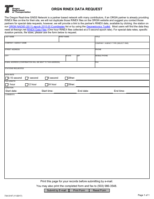 Form 734-5147 Orgn Rinex Data Request - Oregon