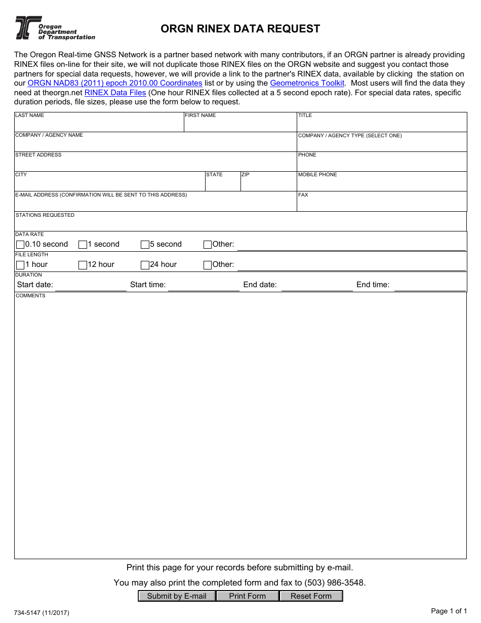 Form 734-5147 Orgn Rinex Data Request - Oregon, Page 1