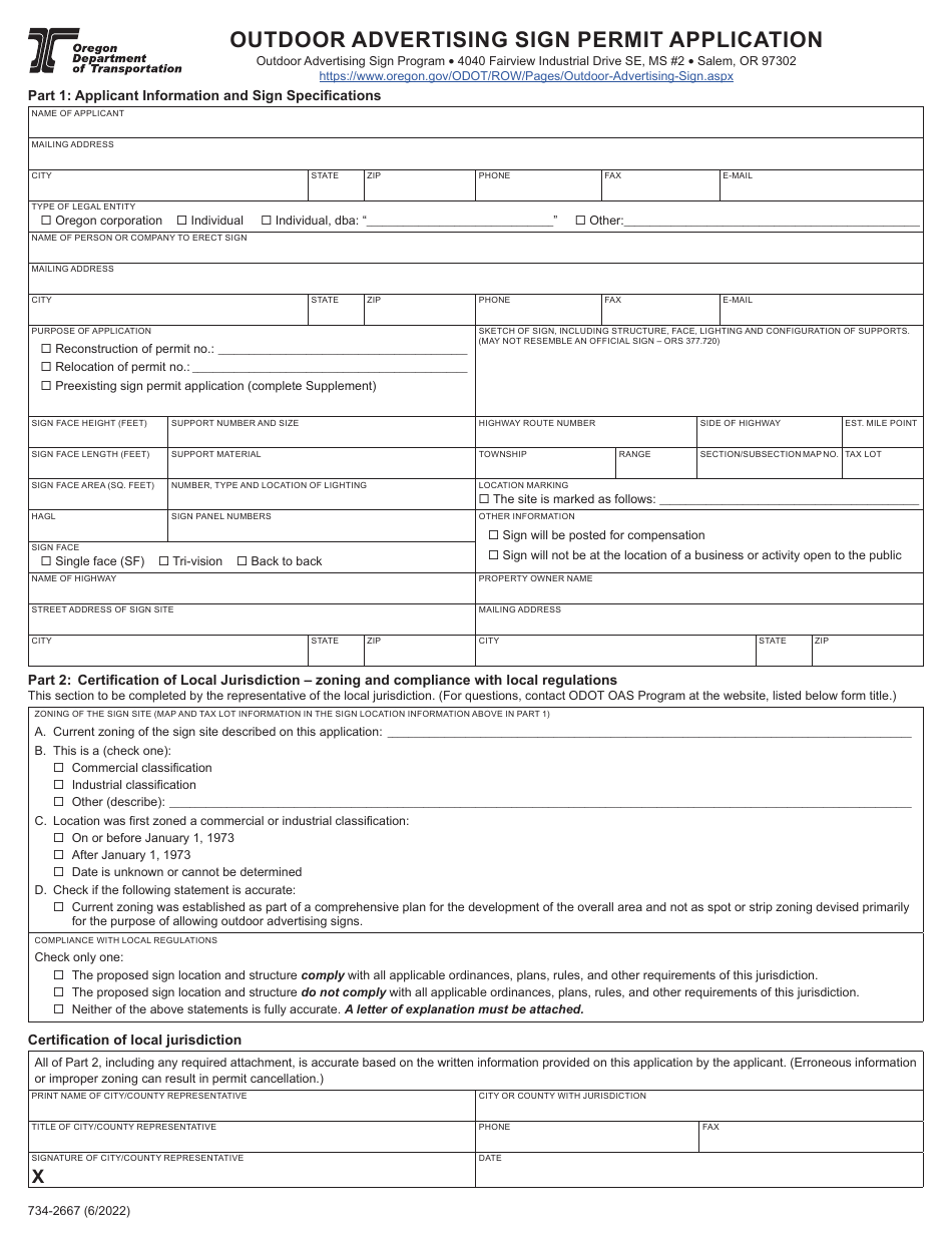 Form 734-2667 Outdoor Advertising Sign Permit Application - Oregon, Page 1
