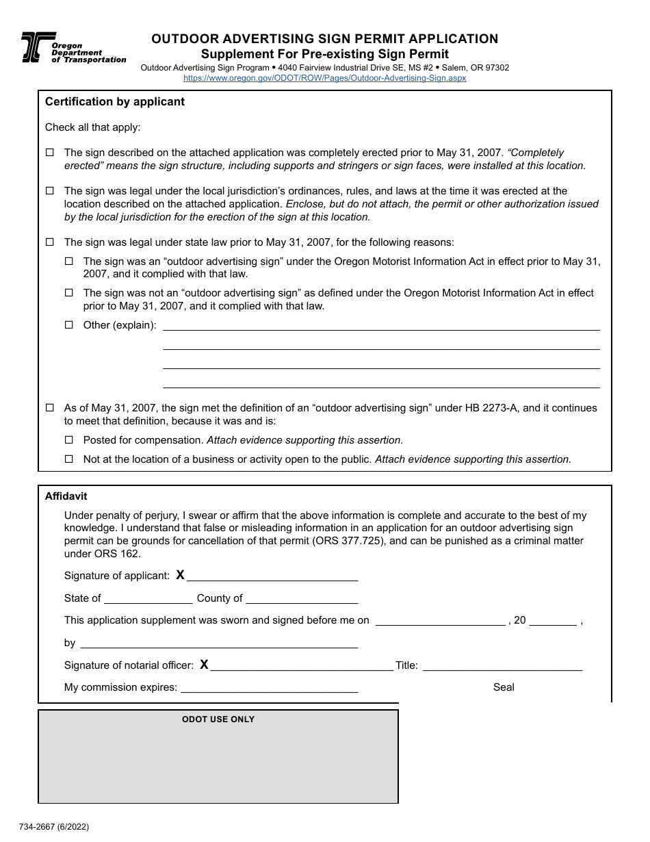 Form 734-2667 Outdoor Advertising Sign Permit Application - Oregon, Page 3