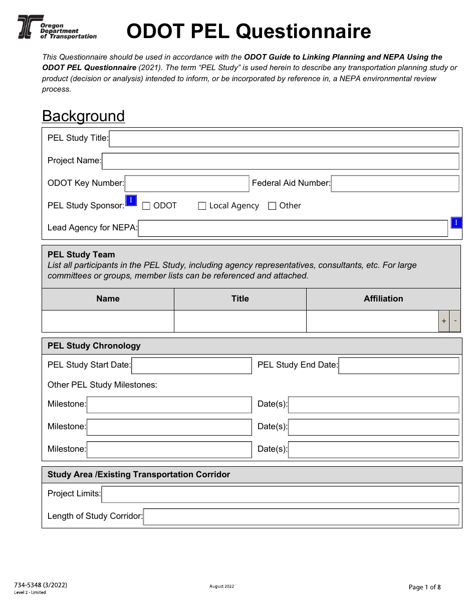 Form 734-5348 Pel Questionnaire - Oregon, Page 1