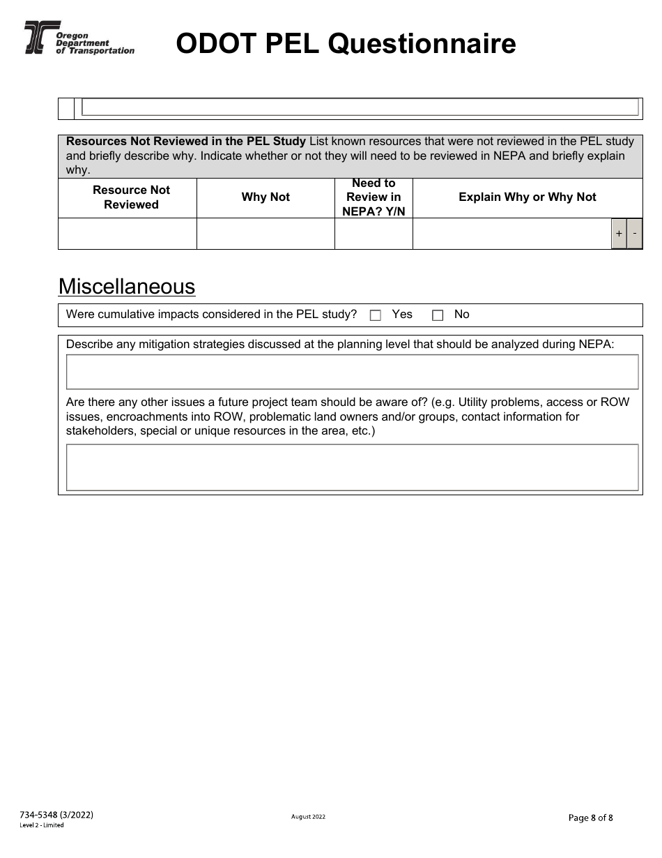 Form 734-5348 Pel Questionnaire - Oregon, Page 8