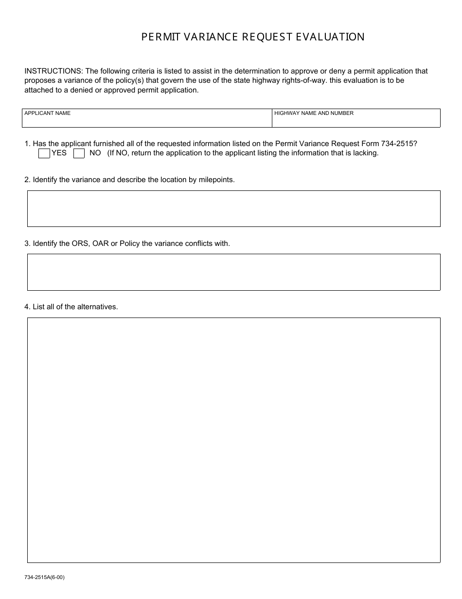 Form 734-2515A Permit Variance Request Evaluation - Oregon, Page 1