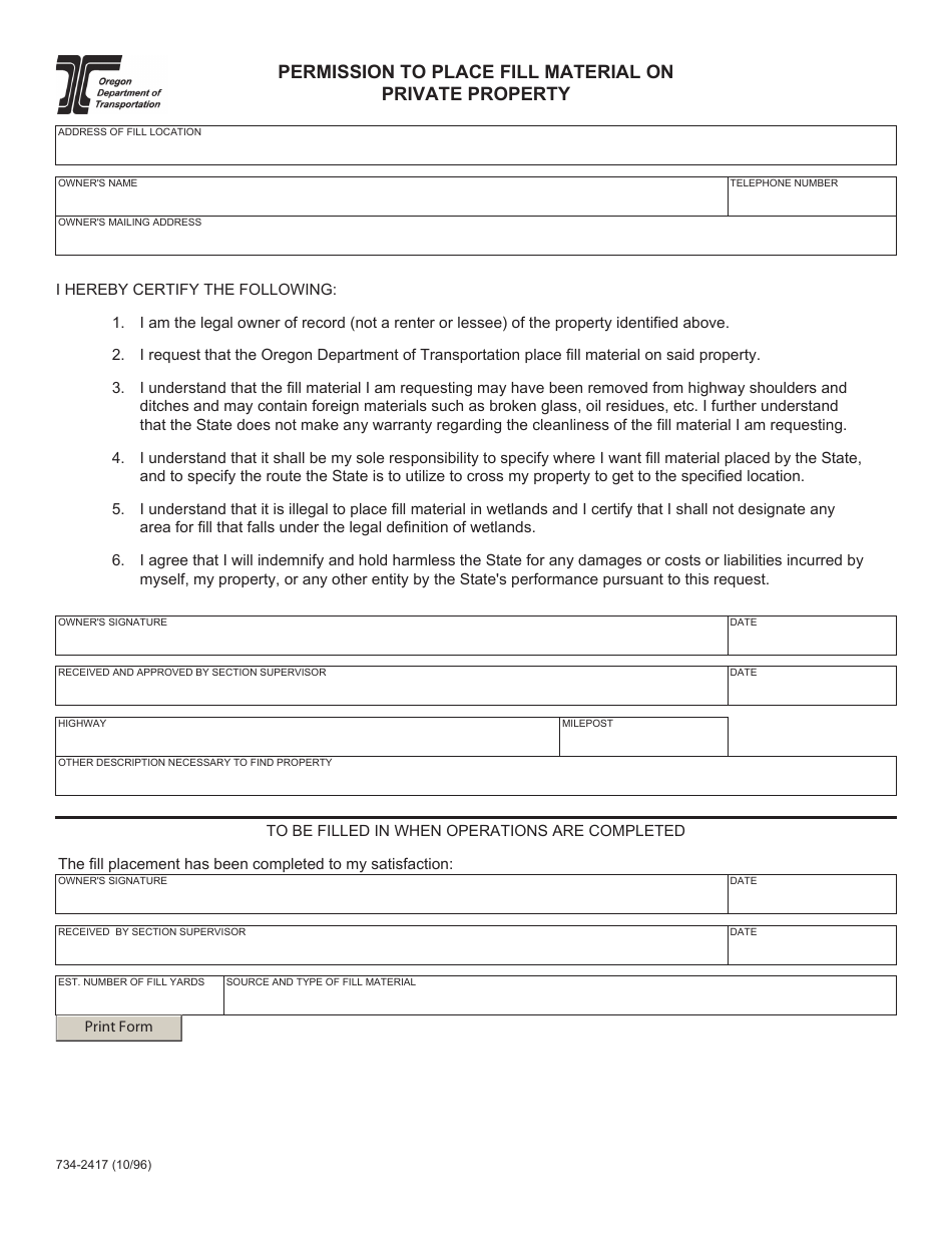 Form 734-2417 Permission to Place Fill Material on Private Property - Oregon, Page 1