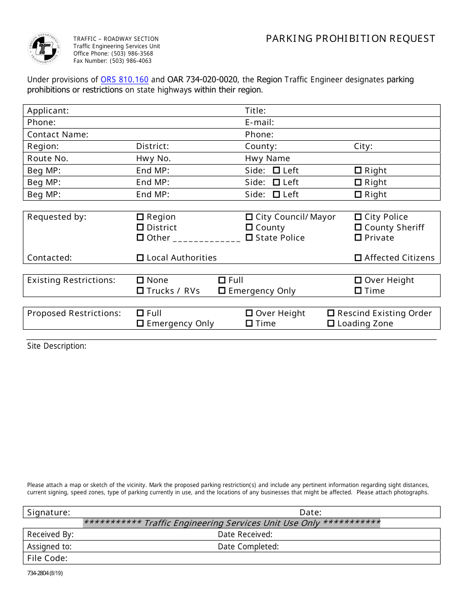 Form 734-2804 Parking Prohibition Request - Oregon, Page 1