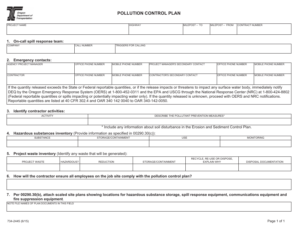 Form 734-2445 Pollution Control Plan - Oregon, Page 1
