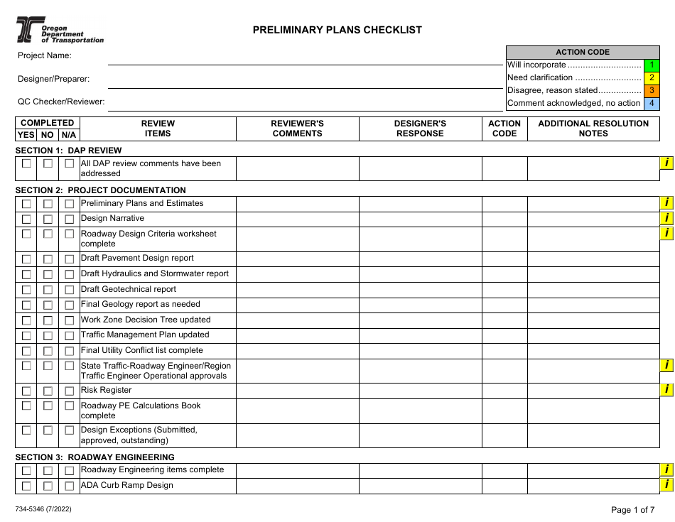 Form 734-5346 Preliminary Plans Checklist - Oregon, Page 1